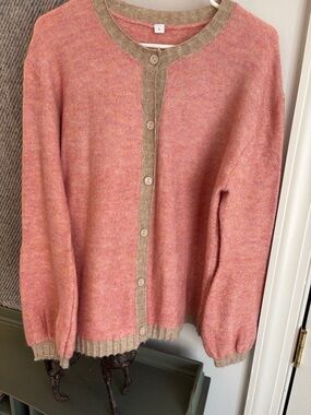 Source Unknown Pink Heathered Cardigan with Taupe Trim